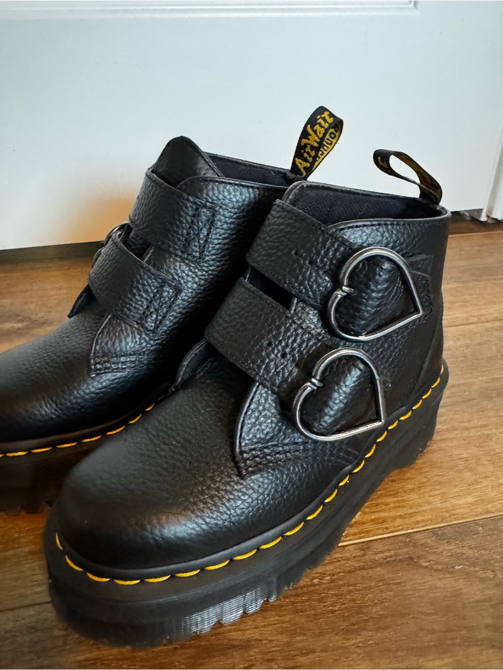 Dr. Martens Black Leather Heart-Buckle Platform Ankle Boots